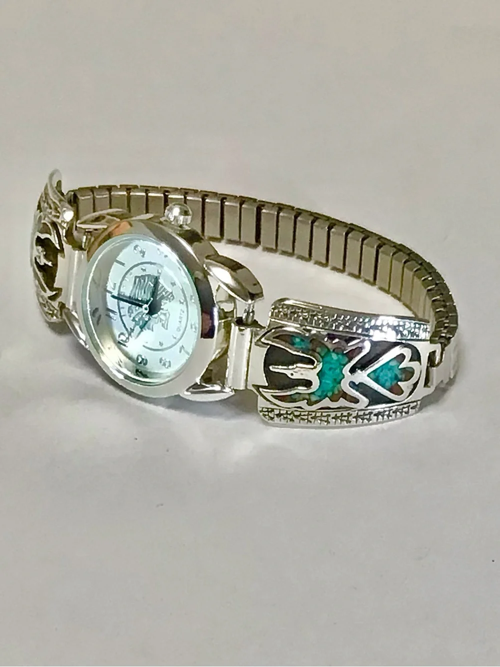 Silver Indian Head Watch Sterling Navajo Turquoise/Coral Thunderbird Band